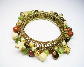 Vintage Bangle Bracelet Wood Glass Stone Charms