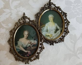 Vintage Ladies Framed Portraits In Ornate Brass Frames Wall Art Prints Set of 2 Oval With Convex Bubble Glass, Sophisticated Woman Women