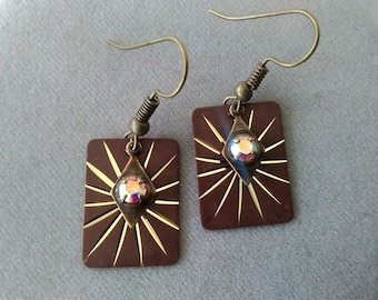 Brown and Antiqued Brass Rectangle Earrings