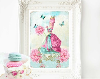 Marie Antoinette French art print, pink hair, French country decor, A4 giclee