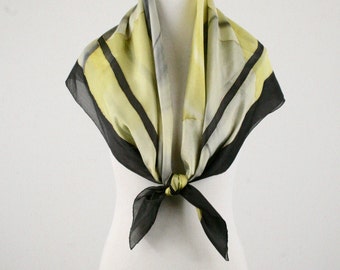 Vintage Gold Embellished Gray and Yellow Large Square Silk Scarf Hand Rolled Hem