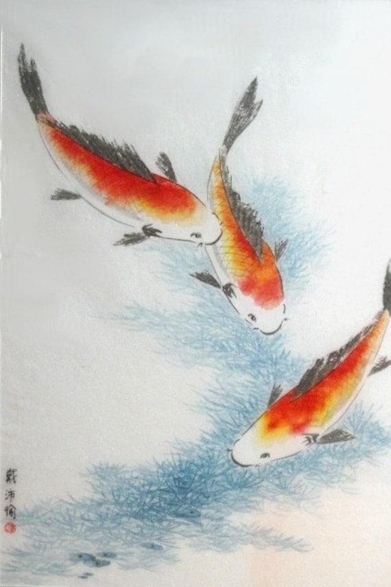 Koi Fish Original Large Framed Chinese Brush Painting 28x38