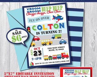 Transportation Birthday Invitation-Self-Editing Printable Invite-Instant Download-Airplane Car Train Truck-First Birthday-Any Age-A109
