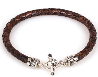 6mm Braided Leather Bracelet Sterling Silver 925 Toggle Handmade