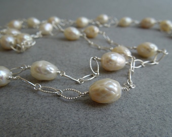 Long Pearl Necklace: Yard of Faceted Pearls- Sterling Silver Chain