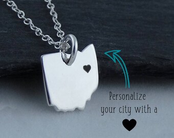 Personalized Ohio State Charm Necklace with Engraved Heart Near Your City - 925 Sterling Silver