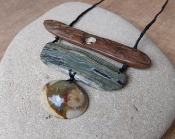 Statement Jasper, Boulder Opal, wood necklace, large macrame jewelry, wearable art handmade in Australia adjustable length, ceremony healing