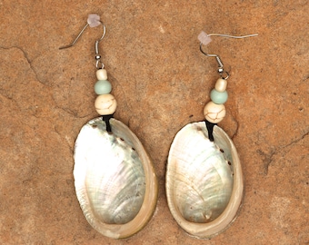 Very lightweight, shimmering abalone shell earrings with seafoam green and cream beads.
