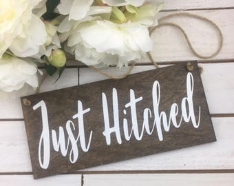 Just Hitched Wedding Sign-Wood Wedding Sign-12"x 5.5" Sign-Rustic Wedding Sign-Just Hitched Rustic Sign