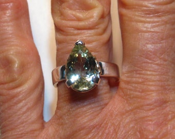 NaturalGreen Beryl ... Sterling Silver and 14 kt Gold Ring . size 7 1/2 ............. e859
