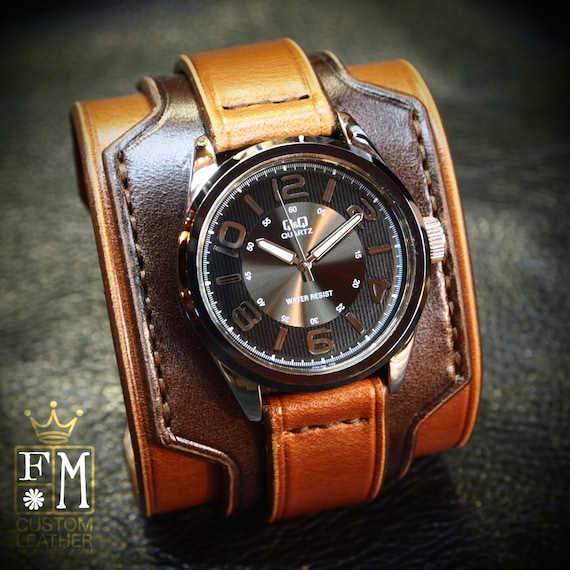 Mens Leather Cuff Watch – Men’s Limited Edition Citizen Watch with Handmade Two-Tone Brown Leather Cuff