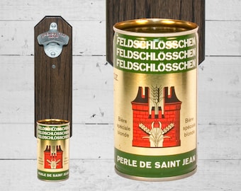 Wall Mount Bottle Opener with Vintage Feldschlosschen Beer Can Cap Catcher