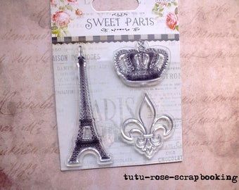 Swett PARIS Shabby Chic clear stamps 3 EIFFEL Tower Crown Fleur de lis