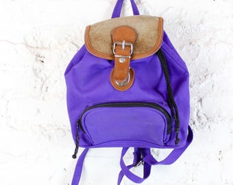 90's Neon Purple and Leather Mini Backpack with Pockets and Buckles . Tiny Small Day Glo Back Pack 1990s One or Double Adjustable Strap