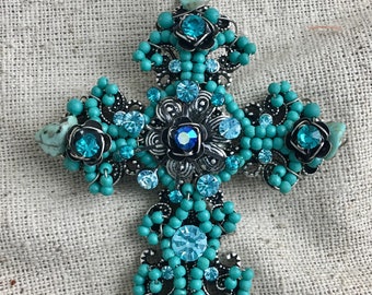 Beaded Cross Pendant, magnetic closure, blue, rhinestone, 3 1/4" x 2 1/2", 2 available