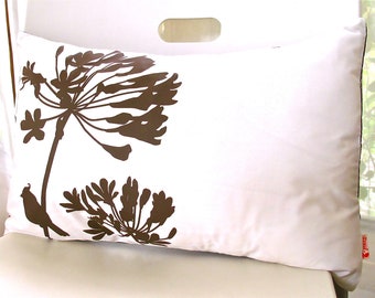 Limited Time Sale Brown Print on Off White Cotton Cardinal on Agapanthus Rectangle Pillow