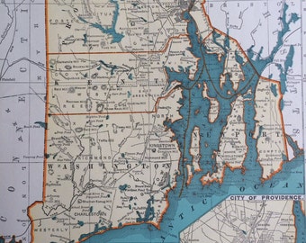 1937 RHODE ISLAND Original Vintage Map, 11 x 14 inches, State Map, Rand McNally, Home Decor, Cartography, Geography