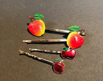 Vintage Enamel Apple Bobby Pins / Hair slides