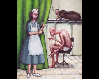 The Deathwatch Beetle, Original Painting, Anthropomorphized Beetle, Hospital, Sick Bed, Vigil, Macabre Art, Nurse, Green, Tell-Tale Heart
