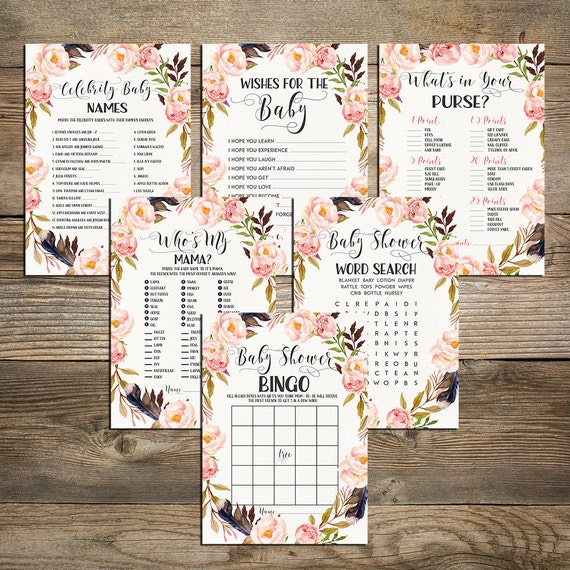 Boho Baby Shower Games Package Six Printable Games Bingo