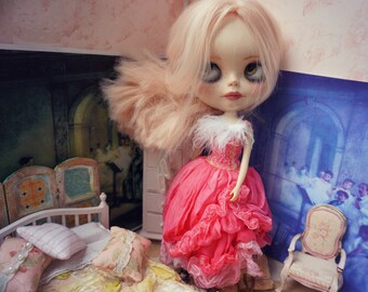 BLYTHE DRESS -Flouncy Silk and Marabou Gown - Strawberry Guava