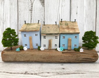 Coastal Home Driftwood Art House, Blue Driftwood Houses, Driftwood Sculpture, Rustic Home Decor, Little Wooden Houses, Coastal Decor Wood