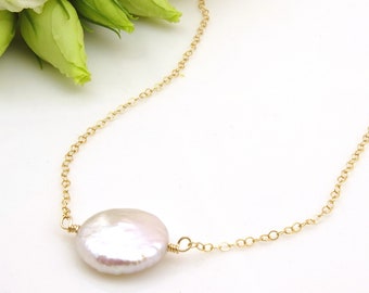 Coin Pearl Necklace for Women, Real Pearl Necklace, Freshwater Pearl Necklace, Single Pearl Necklace, 30th Birthday Gift for Her White Pearl
