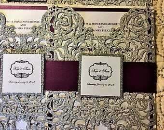 100 silver and plum wedding invitations