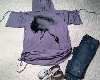 Original gray hooded cotton "chinese crane" art tunic, artwear, artpunk cyberpunk meld, artsy style casual wear, hand painted clothes