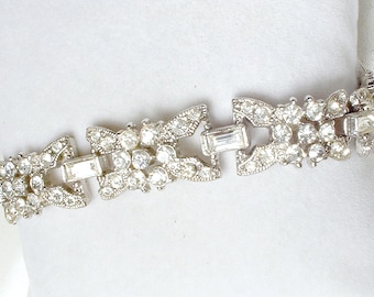 TRUE Vintage Art Deco Bracelet, Pave Baguette Crystal Rhinestone Link Flapper Bridal Bracelet, Silver Paste 1920s Wedding Antique Jewelry
