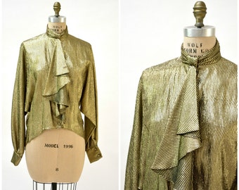 80s Metallic Gold Shirt size Ruffle High Collar Button Down Shirt// Vintage Gold Shirt by Morton Myles Neiman Marcus