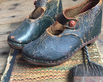 Antique childrens shoes leather with wooden sole Navy rustic European childrens shoe