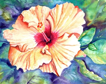 hibiscus paintings, flower watercolor art, tropical flowers, orange hibiscus painting, hawaii wall art, hawaiian paintings, kauai maui oahu