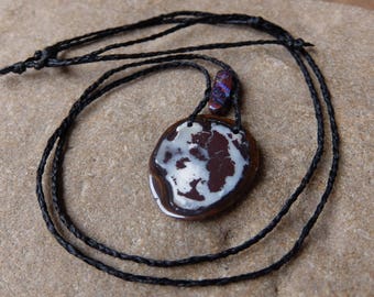 Tribal Boulder Opal necklace - natural stone jewelry handmade in Australia, macrame adjustable length, brown white purple crystal jewelleryy