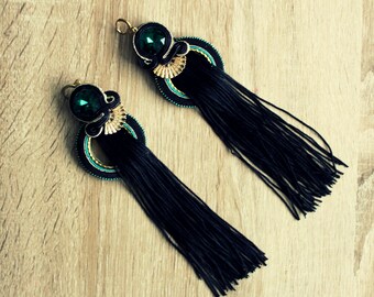 Long soutache earrings ( Black&Emerald)