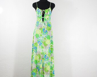 Vintage 1970s Jack Hartley Miami Blue Green Floral Spaghetti Strap Maxi Dress