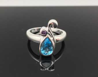 Blue Topaz Amethyst Ring // 925 Sterling Silver // Teardrop Setting // Natural Blue Topaz Amethyst Ring