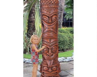 Vintage Tiki Statue Mask Set of 2 Polynesian Tiki Totem Statue Pool Tropical Island 77" Handcrafted Tiki Totem Pole Tiki Bar Tikis African
