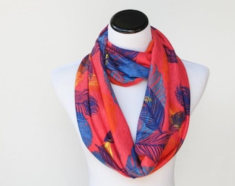 Feather print Scar Infinity scarf feather print soft jersey knit loop scarf fuchsia red pink blue feminine circle scarf gift for mom & girl