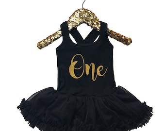 Baby Girls First Birthday Dress - Black Gold - 1st Birthday Dress - First Birthday Outfit - Gold Sparkle ONE