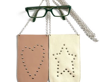 Leather specs case, Spectacle case, Eyeglasses holder, White eyewear case, Optical case, Specs necklace case, Eyeglasses keeper