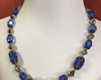 Sparkly Blue Aurora Borealis Crystal Beaded Vintage Choker Necklace. Free shipping .