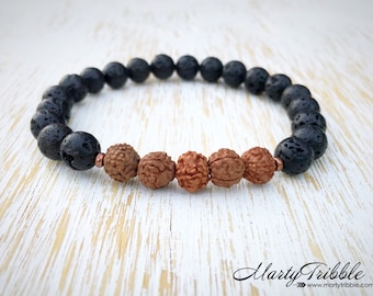 Lava Stone Bracelet, Rudraksha Bracelet, Mens Bracelet, Mala Bead Bracelet, Mala Bracelet, Mala Beads, Buddhist Jewelry, Black Lava Bracelet
