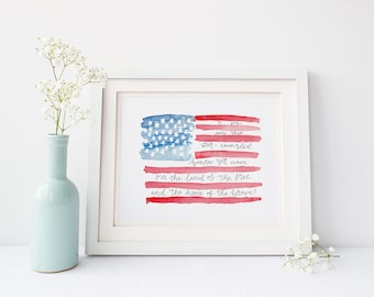 4th of July Printable, National Anthem, Watercolor Flag, Patriotic Decor, Independence Day, Memorial Day, Patriotic Printable