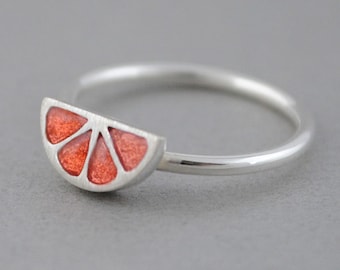 Tiny grapefruit ring, sterling silver grapefruit ring, orange ring, minimal ring, Enamel jewelry, Small ring, midi ring, Fruit jewelry