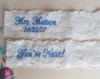 Wedding Garter Set, OFF WHITE, Personalized Bridal Garter,toss garter,You're Next Garter Belt, Embroidered, Custom Size Garter, Gift,GS20