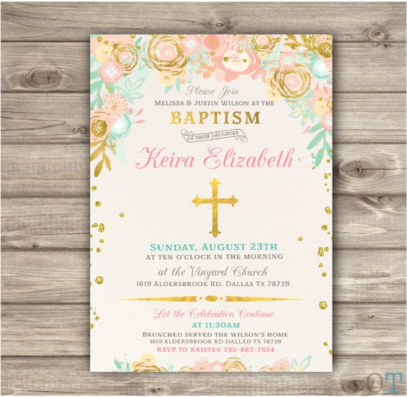 Pink and Gold Floral Baptism Invitations for Baby Girl Faux