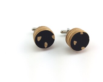 Black skateboard cufflinks, polkadot cufflinks, recycled skateboard, wood cufflinks, grooms gift, groomsmen, wedding accessories, mens gift