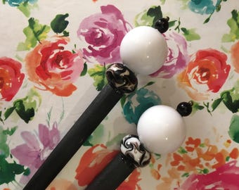White Black Beaded Hairsticks