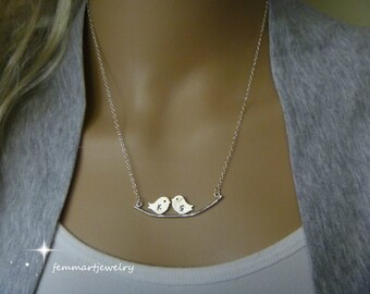 Love Birds Necklace - Initial Necklace - Bird on Branch - silver - Personalized - Couples necklace